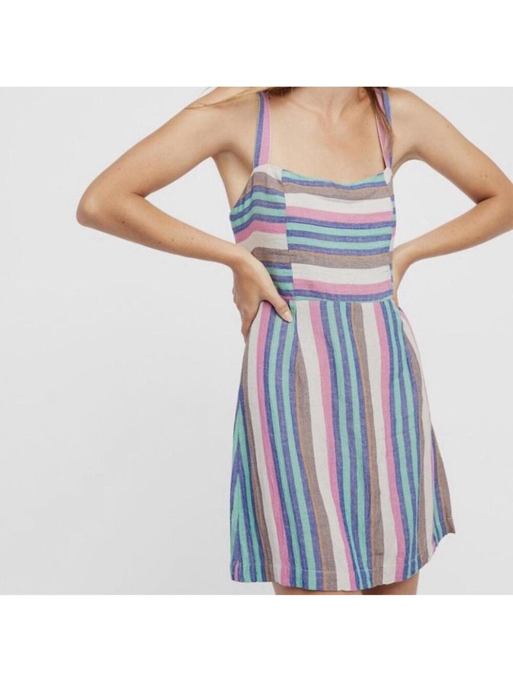 Free People Women's Multicolor Stripped Mini Dress XS Buttoned Back